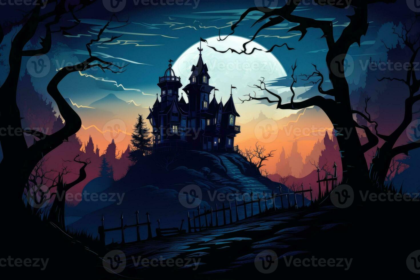 Moonlit silhouette of a haunted mansion on a hill. Generative AI photo