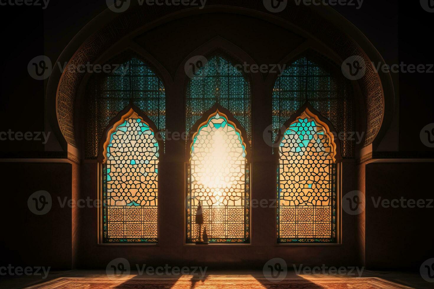 Mosque window with copy space. Generative AI photo