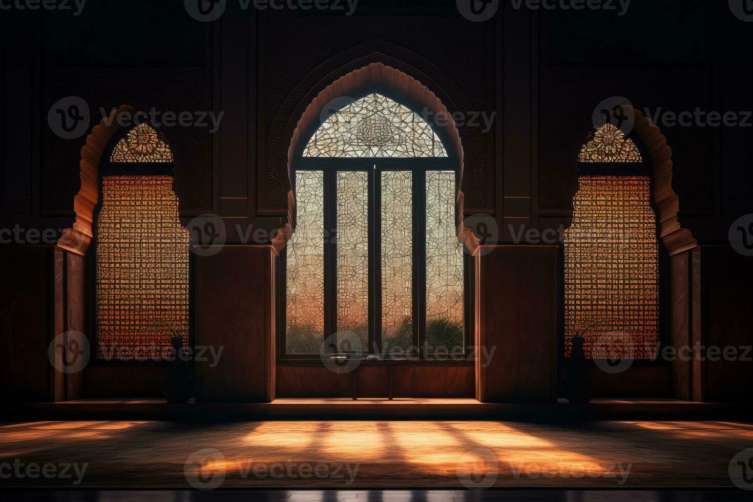 Mosque window with copy space. Generative AI photo