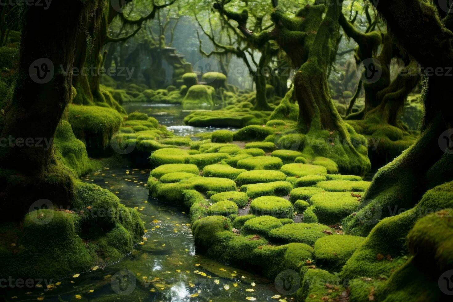 Moss-Covered Forest Floor. Generative AI photo