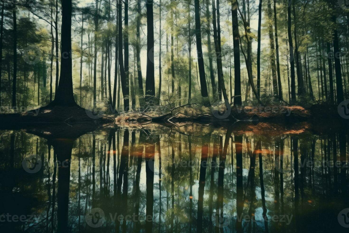 Reflective Pond in Calm Forest. Generative AI photo