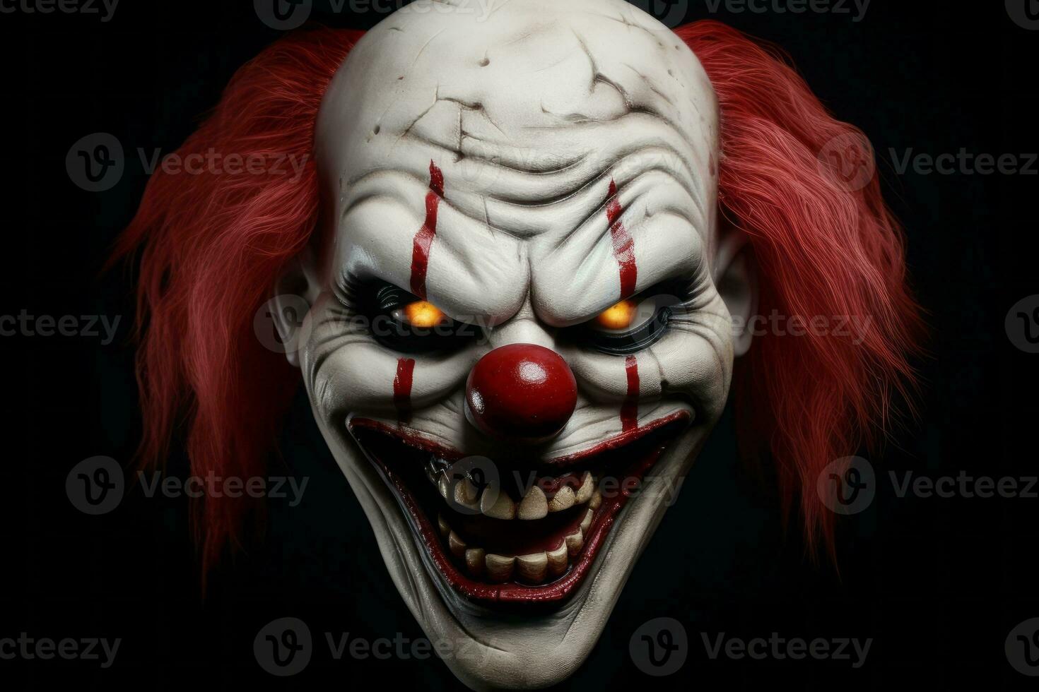 Scary clown mask with creepy grin and red nose. Generative AI photo