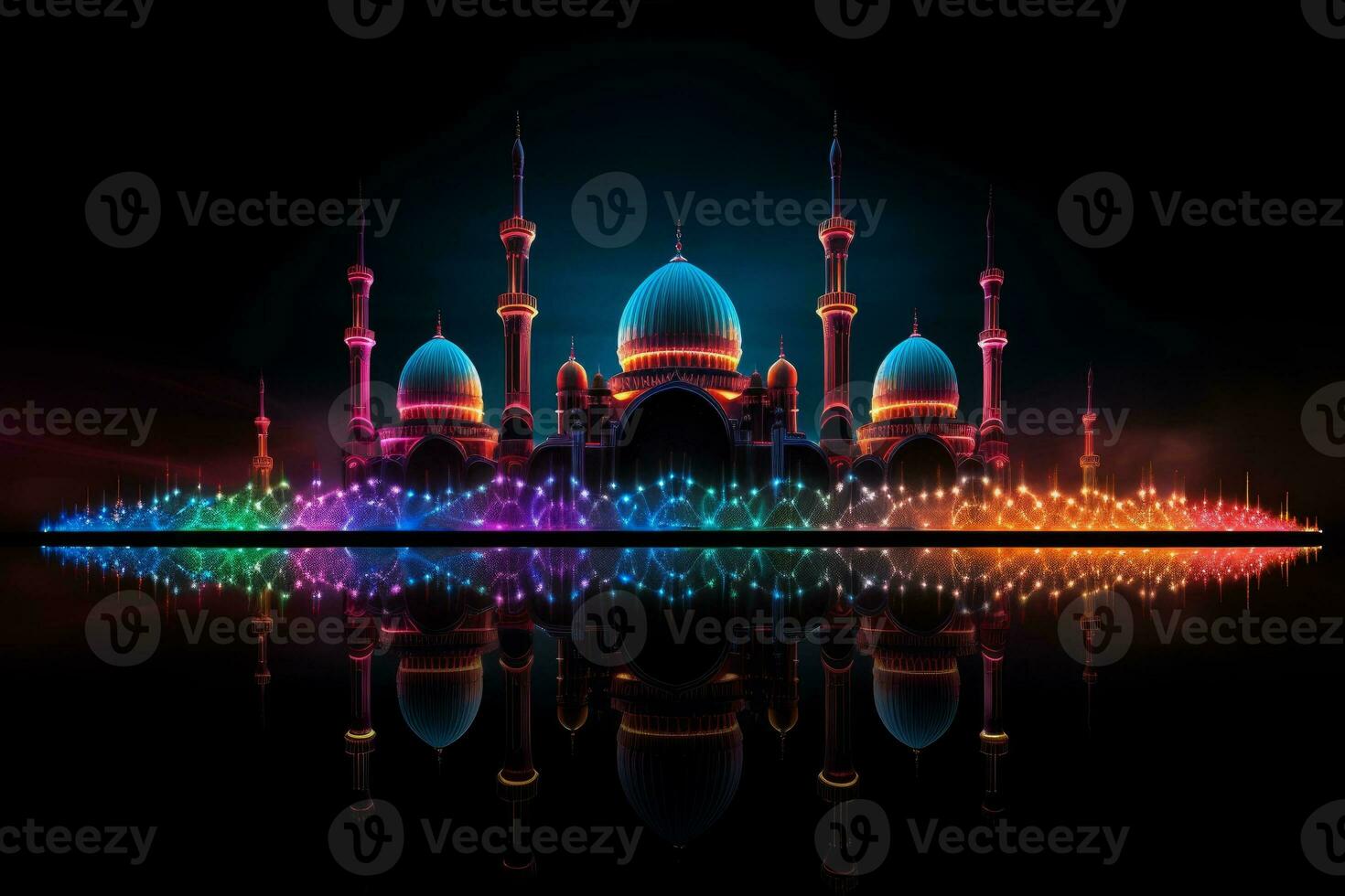 Silhouette of a mosque with colorful lights. Generative AI photo