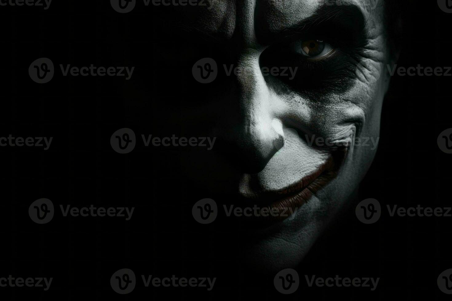Sinister clown face hidden in the darkness. Generative AI photo