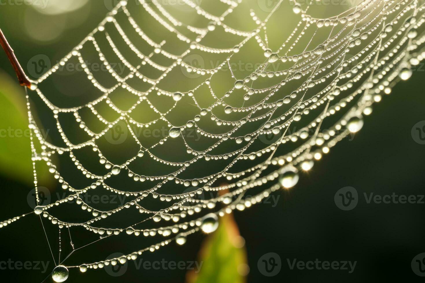 Spider web with dew drops glistening. Generative AI photo