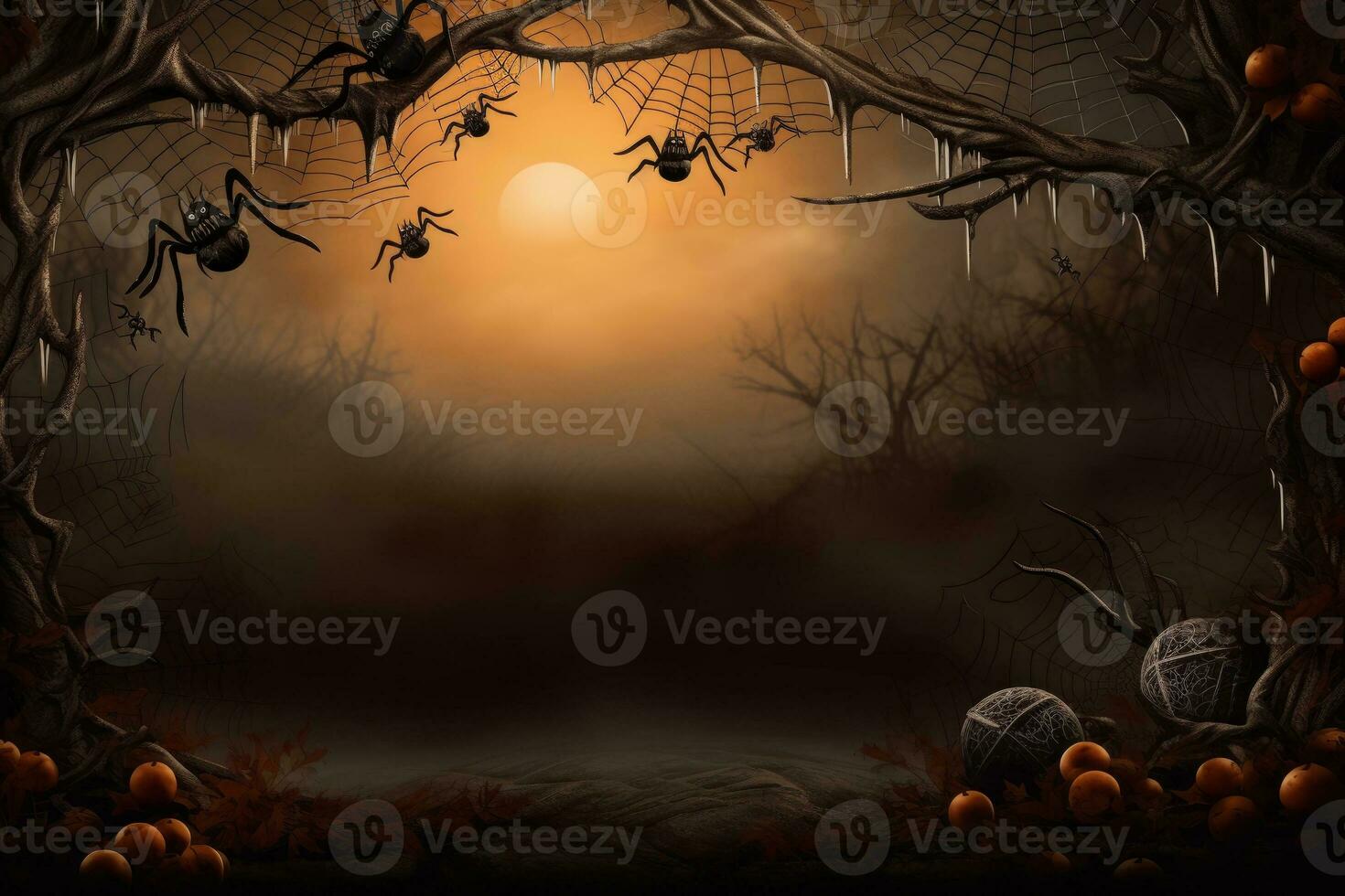 Spiders crawling on a cobweb-covered background. Generative AI photo