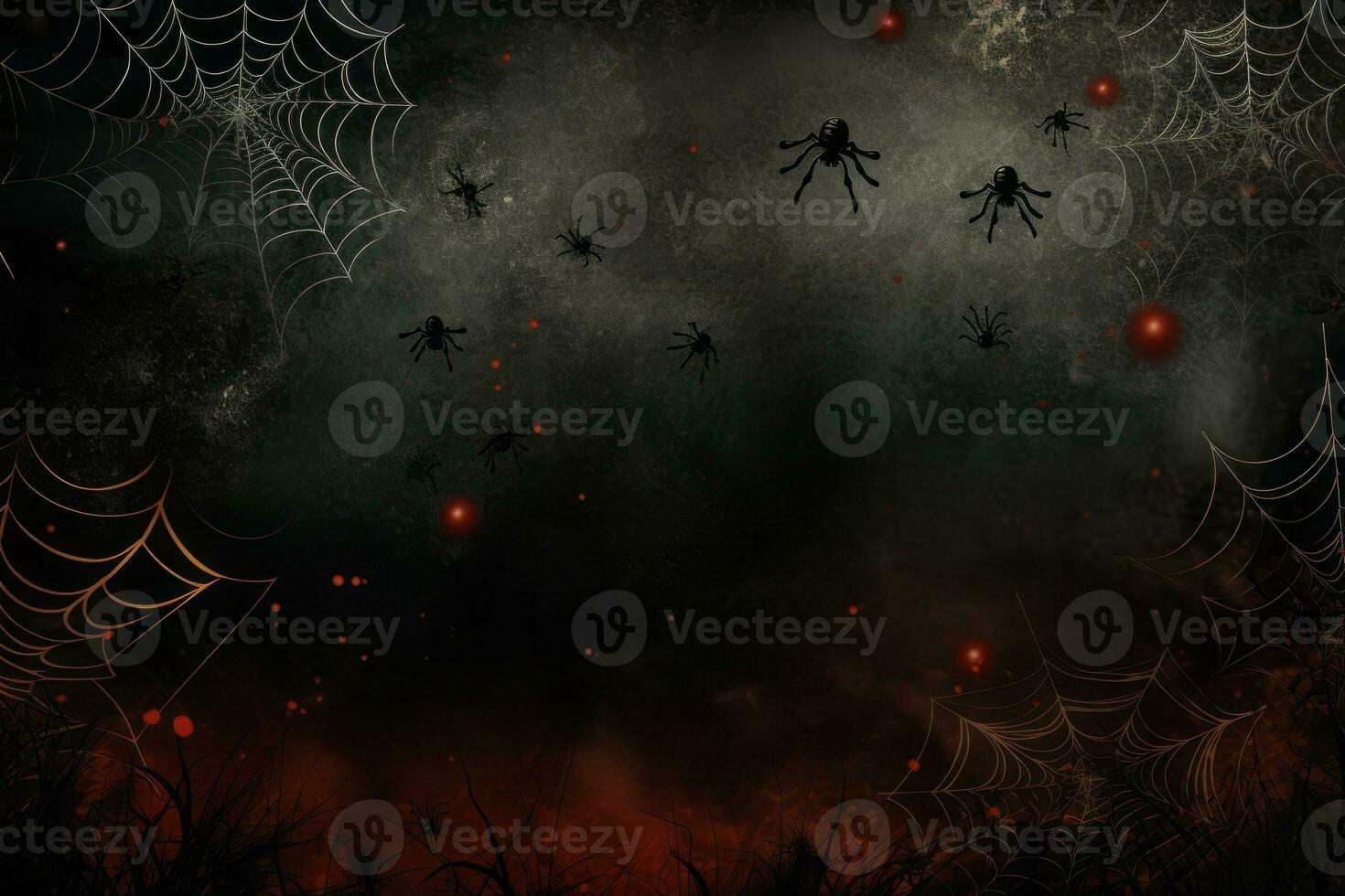 Spiders crawling on a cobweb-covered background. Generative AI photo
