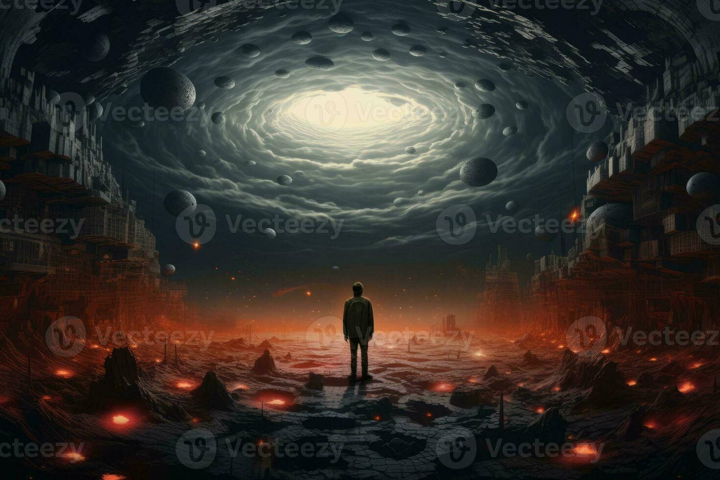 A man standing in the middle of a space filled with planets. Generative AI photo
