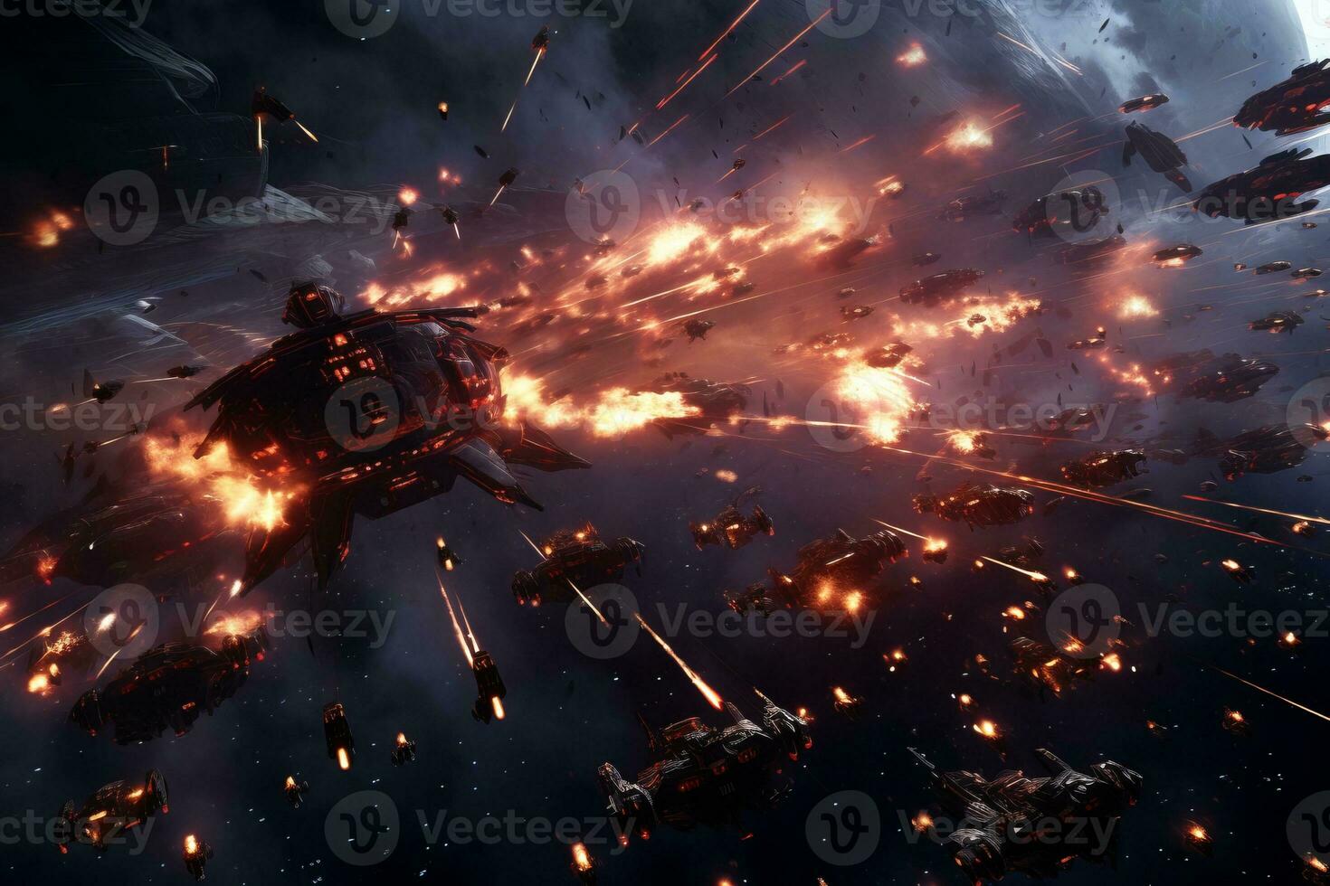 A virtual space battle with ships engaged in laser fire and explosions. Generative AI photo