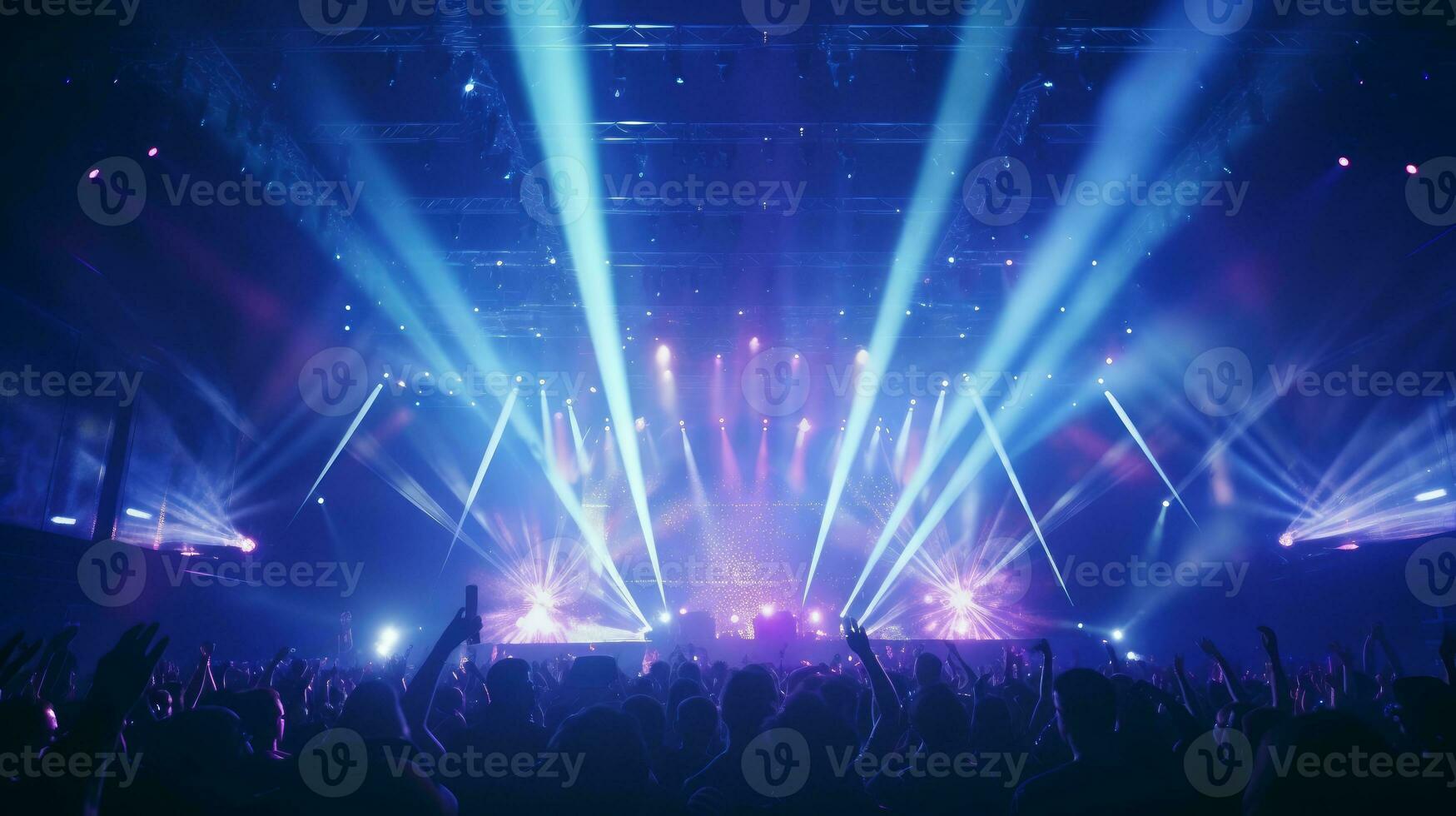 Vibrant music concert with stage lights, lasers, and a packed audience. Generative AI photo