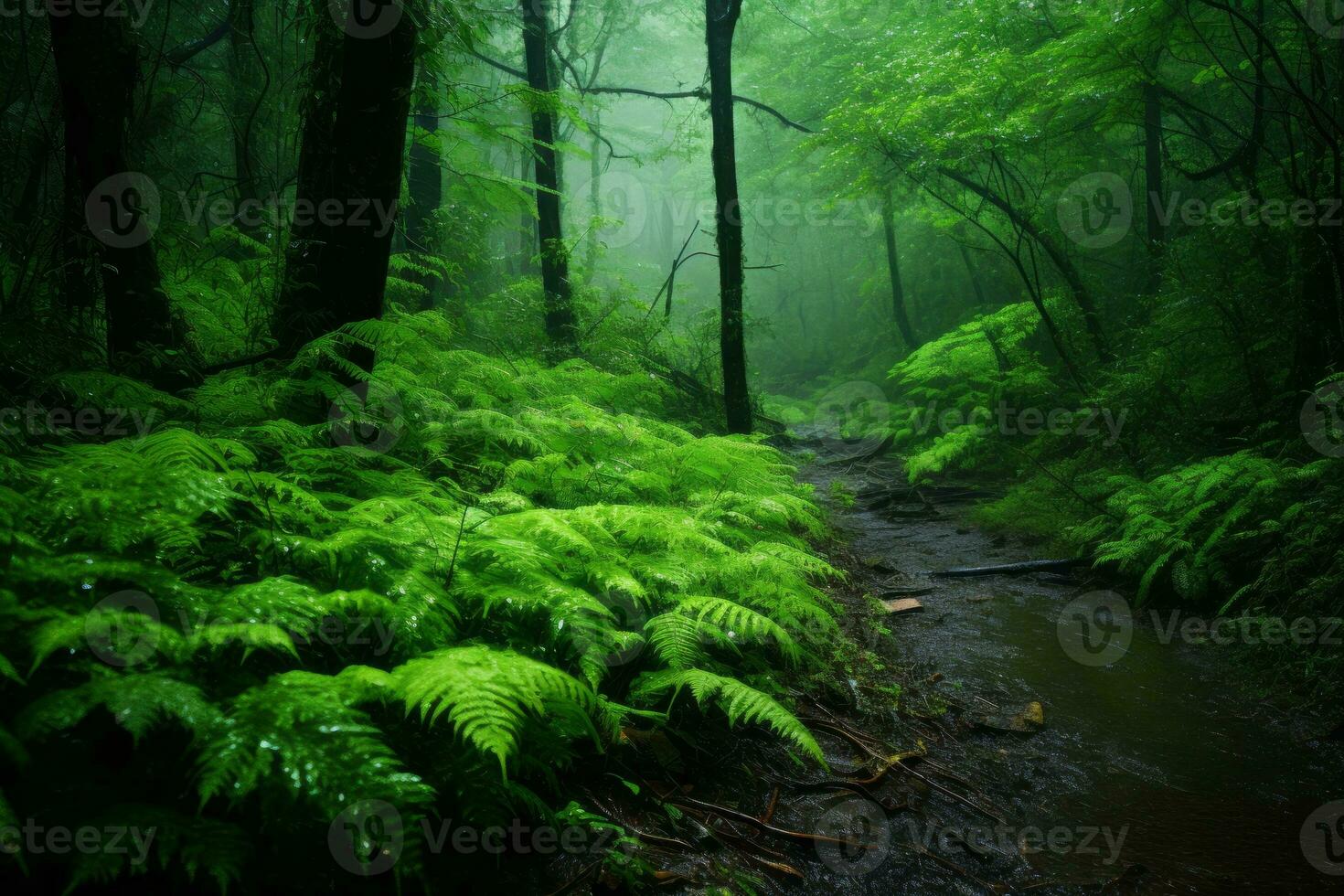 Path through a lush green forest filled with ferns. Generative AI photo