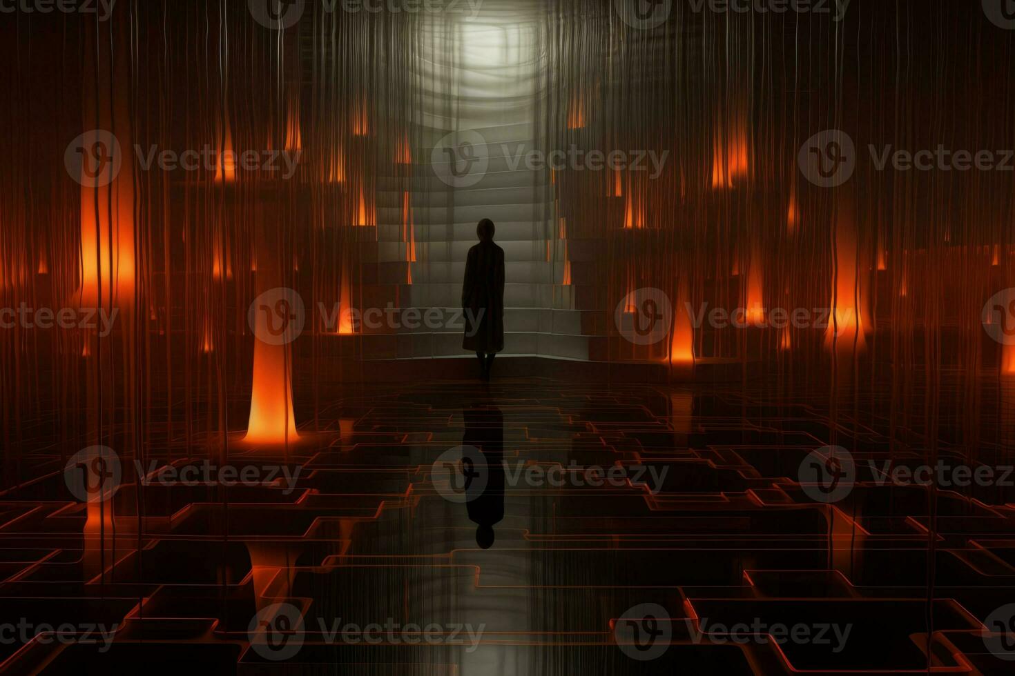 Person standing in a dimly lit room with red ambient lighting. Generative AI photo
