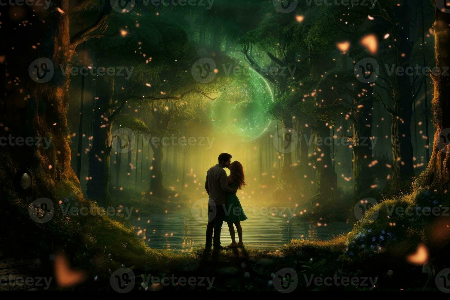 Couple standing in a serene forest setting. Generative AI photo