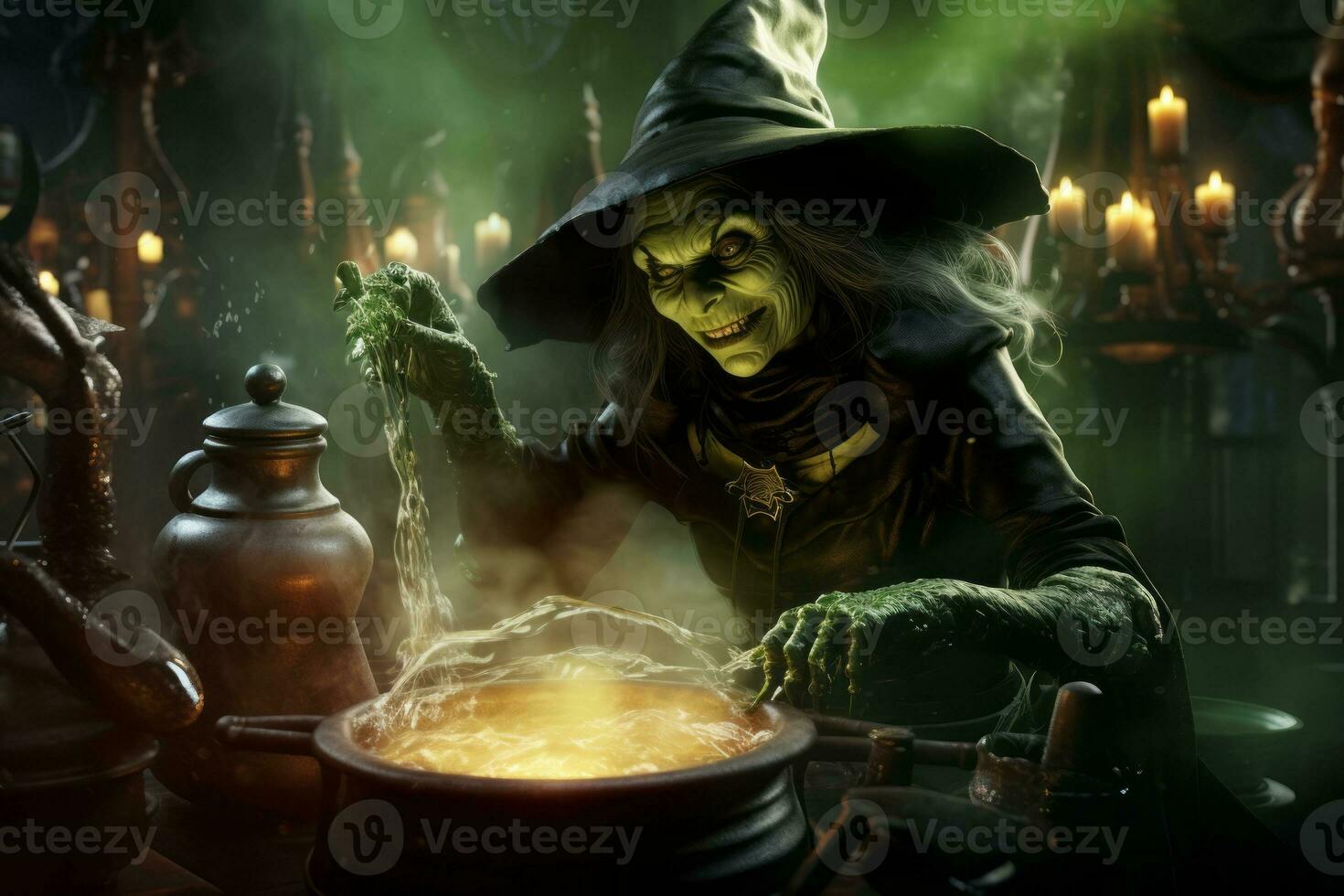 Wicked witch stirring a magical brew. Generative AI photo