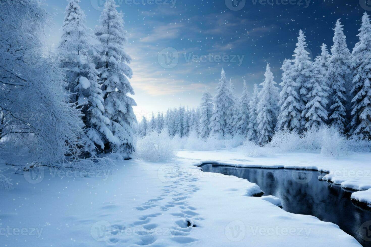 Winter wonderland scene with snow covered trees. Generative AI photo