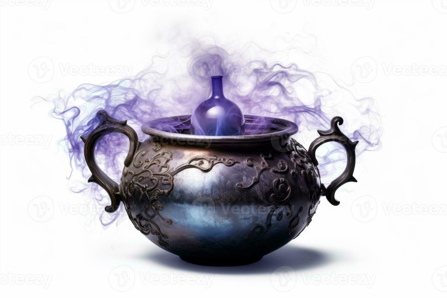 Witch's cauldron with bubbling potion and smoke. Generative AI photo