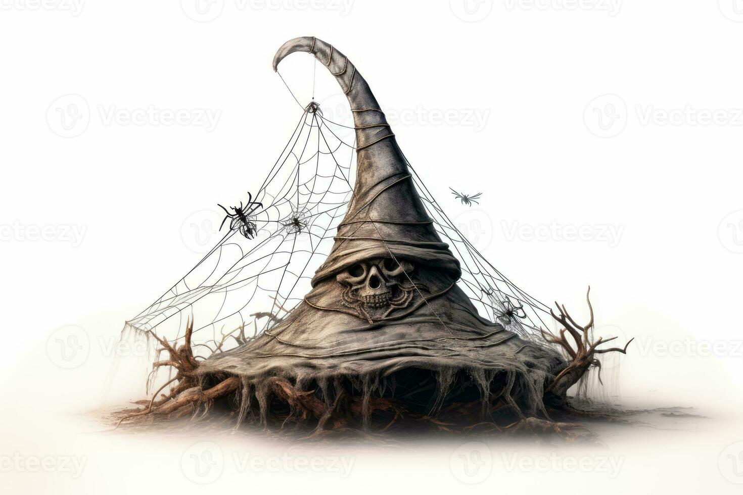 Witch's hat adorned with cobwebs and spiders. Generative AI photo