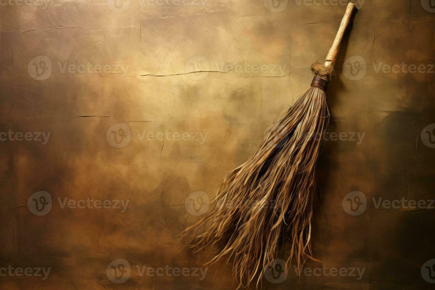 Witch's broomstick leaning against a wall. Generative AI photo