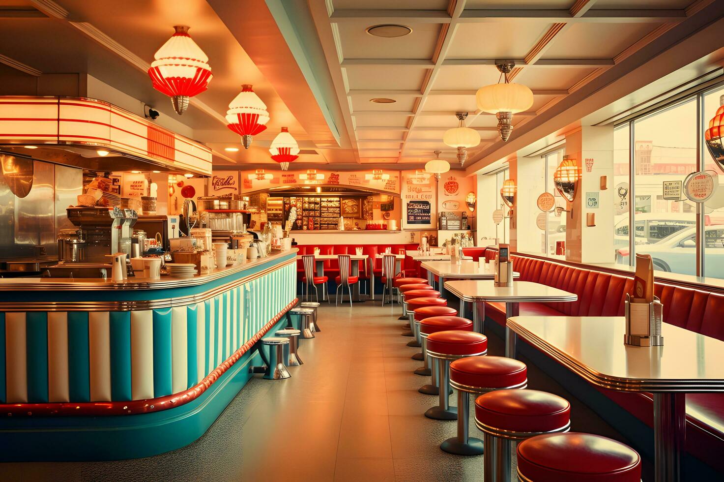 View of 1950s restaurant in full swing AI Generative photo