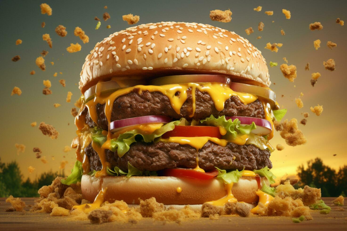 A big cheese burger on top of wooden table AI Generative photo