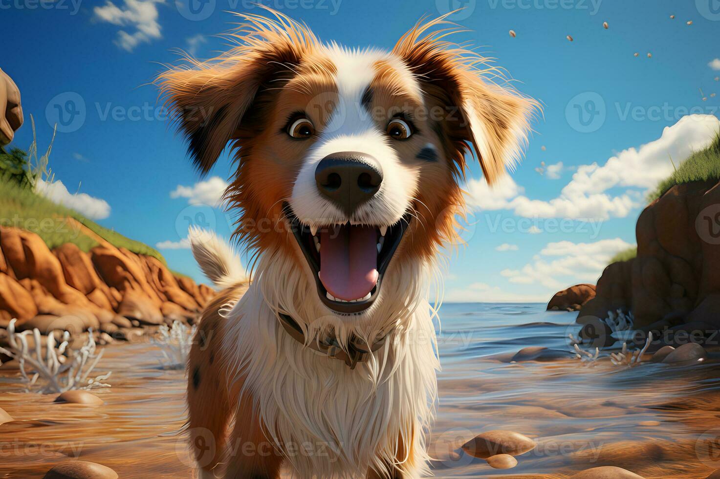 3D render of dog exploring the beach AI Generative photo