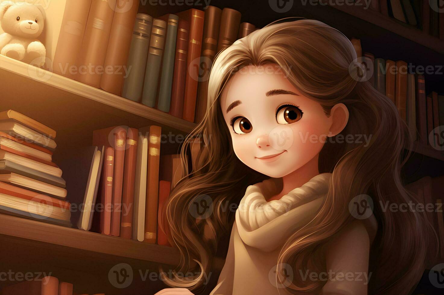 Cute girl reading literature on library AI Generative photo