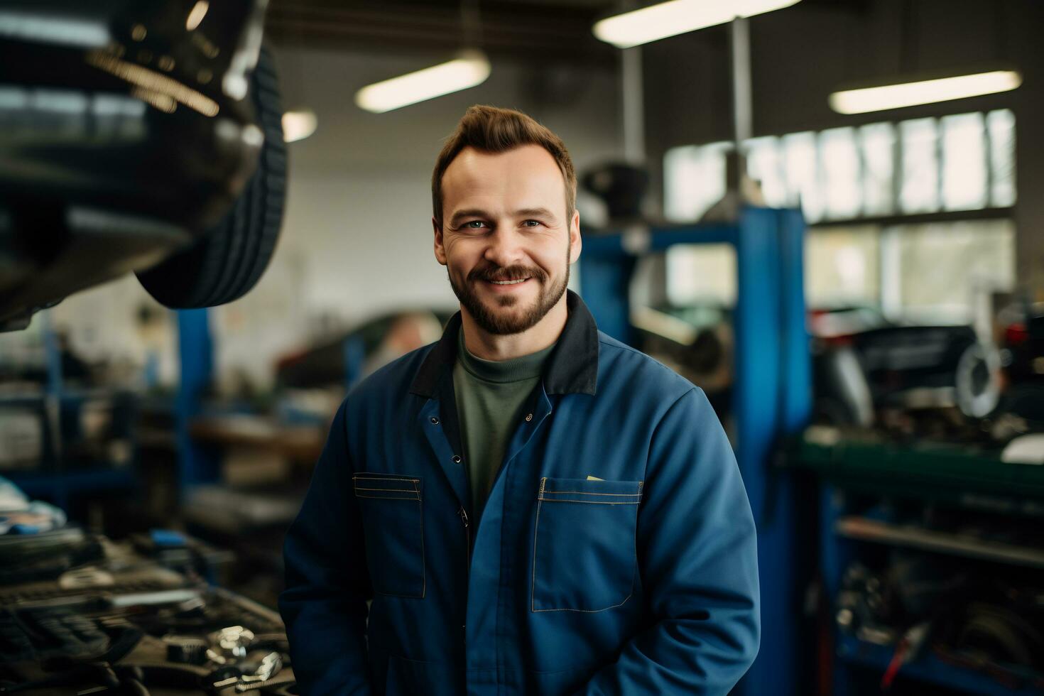 Photo of a mechanic man in a car repair shop AI Generative