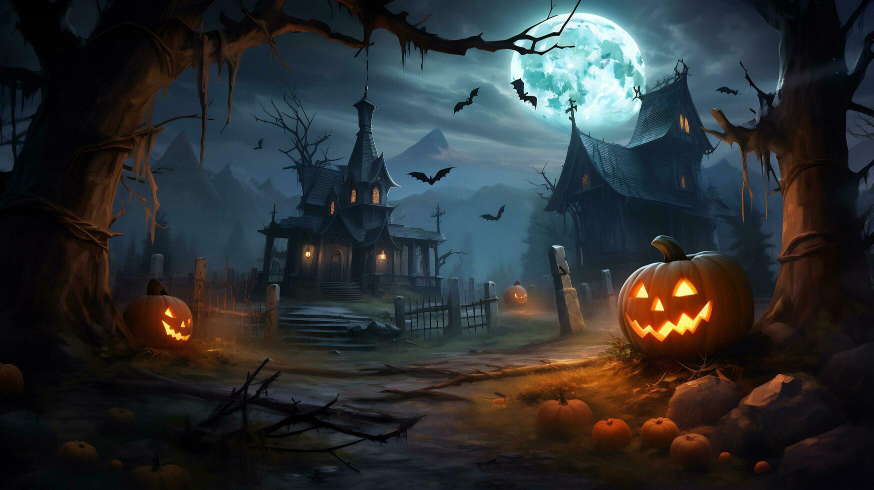 Spooky halloween wallpaper with pumpkin and old house AI Generative photo