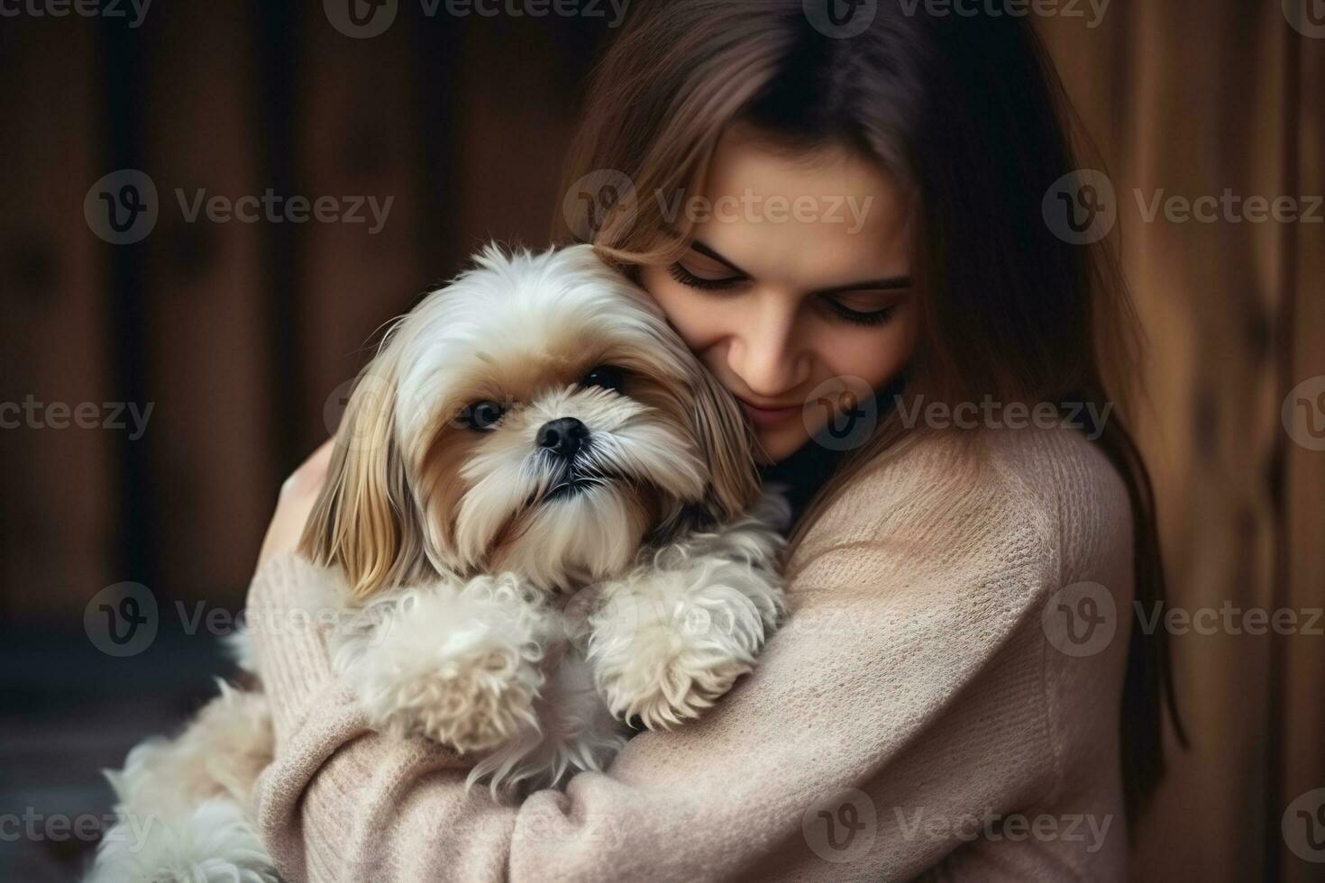 Portrait of people hugging shih tzu dog pet concept AI Generative photo