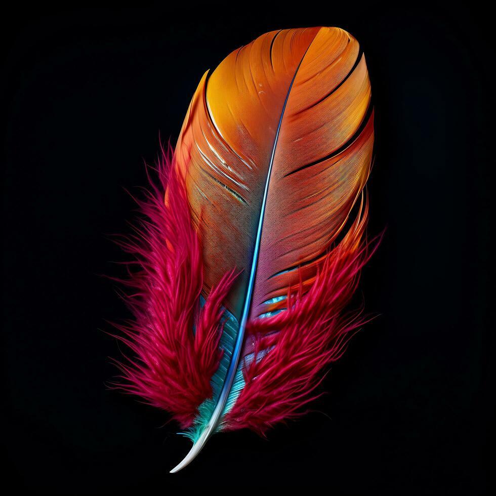 Vibrant contrast of an feather on black background AI Generative photo