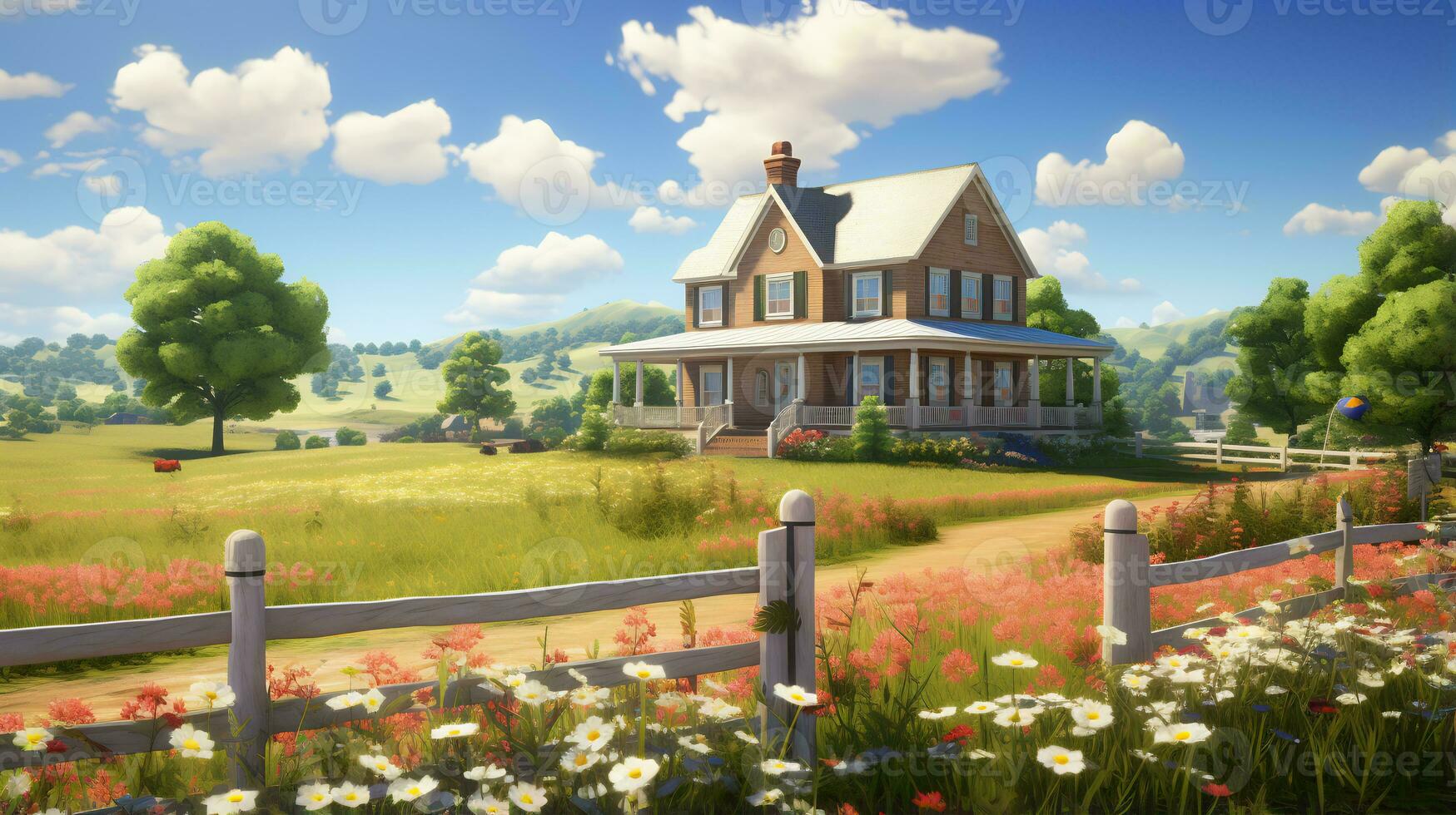 AI Generative idyllic rural landscape with a charm farmhouse photo