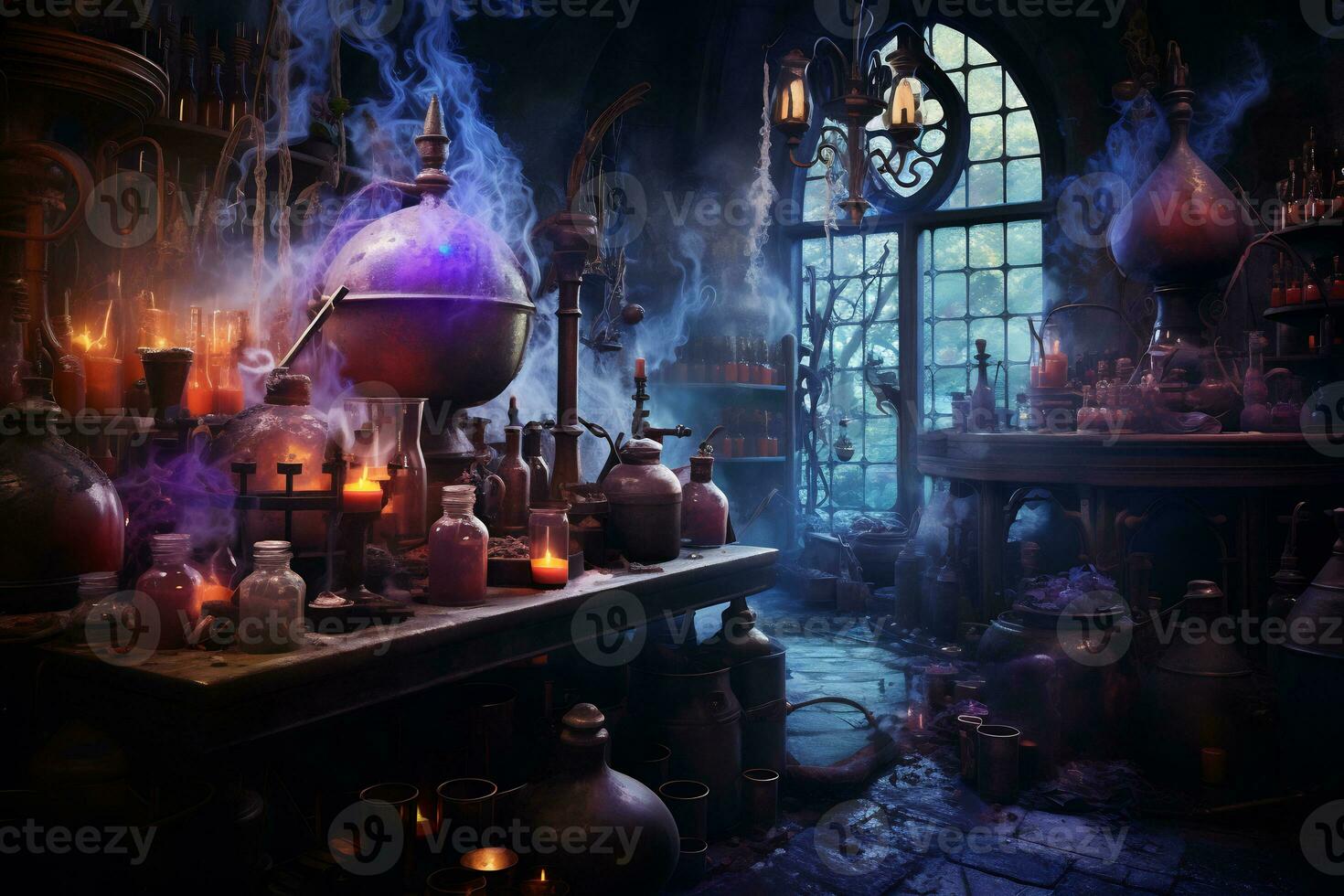 An eerie scene of a witch potion laboratory AI Generative photo