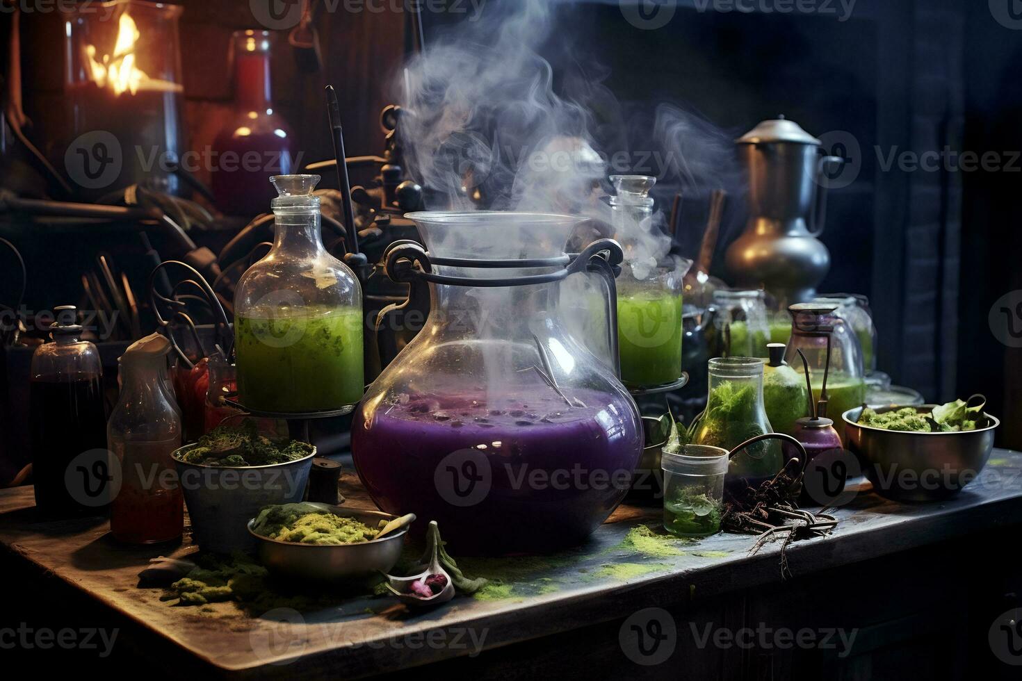 An eerie scene of a witch potion laboratory AI Generative photo