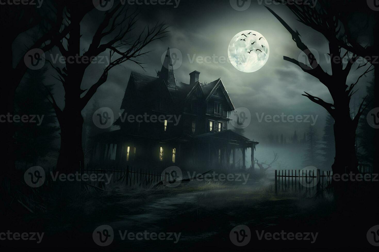 AI Generative creepy haunted house with fog covered photo