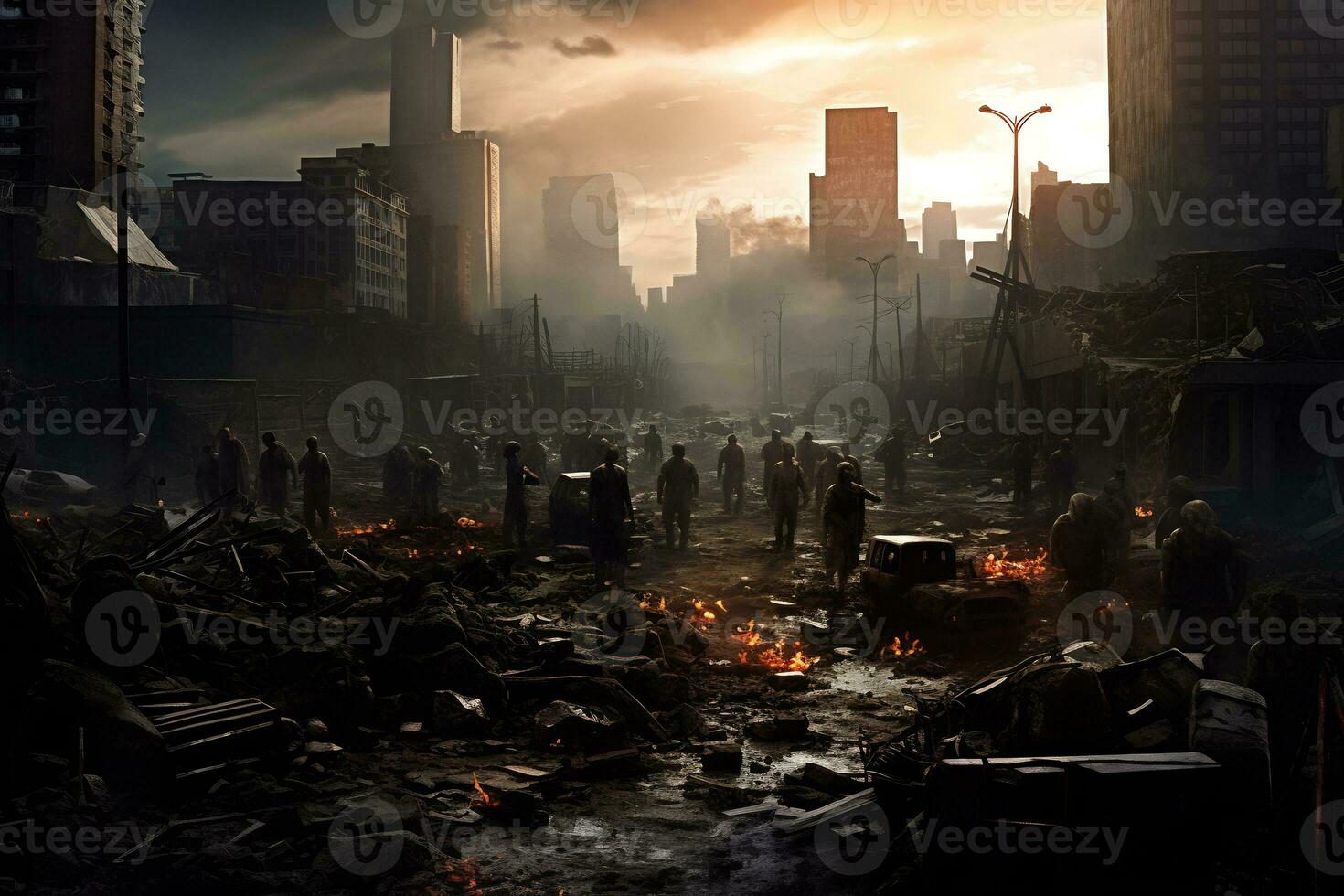 a thrilling and eerie scene of a zombie apocalypse AI Generative photo