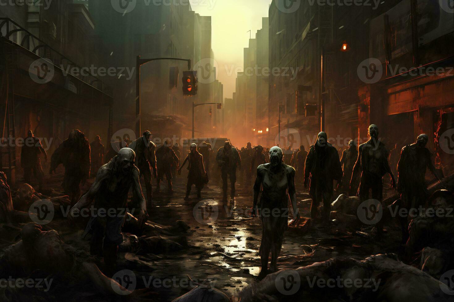 a thrilling and eerie scene of a zombie apocalypse AI Generative photo