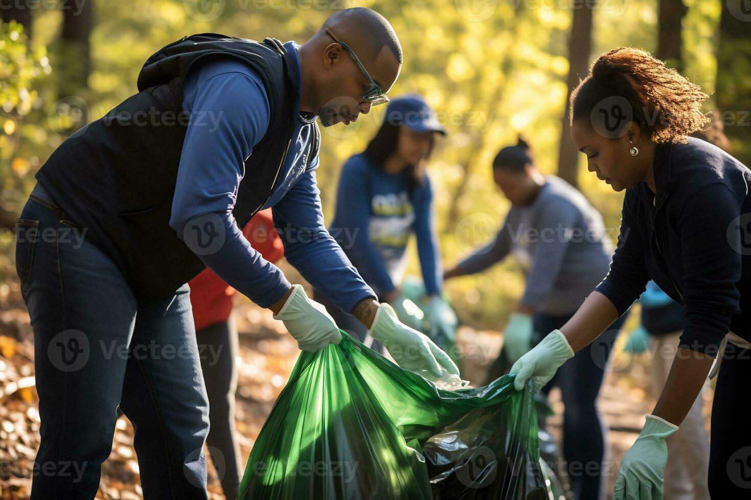 Community volunteers clean up rubbish for a clean environment AI Generative photo