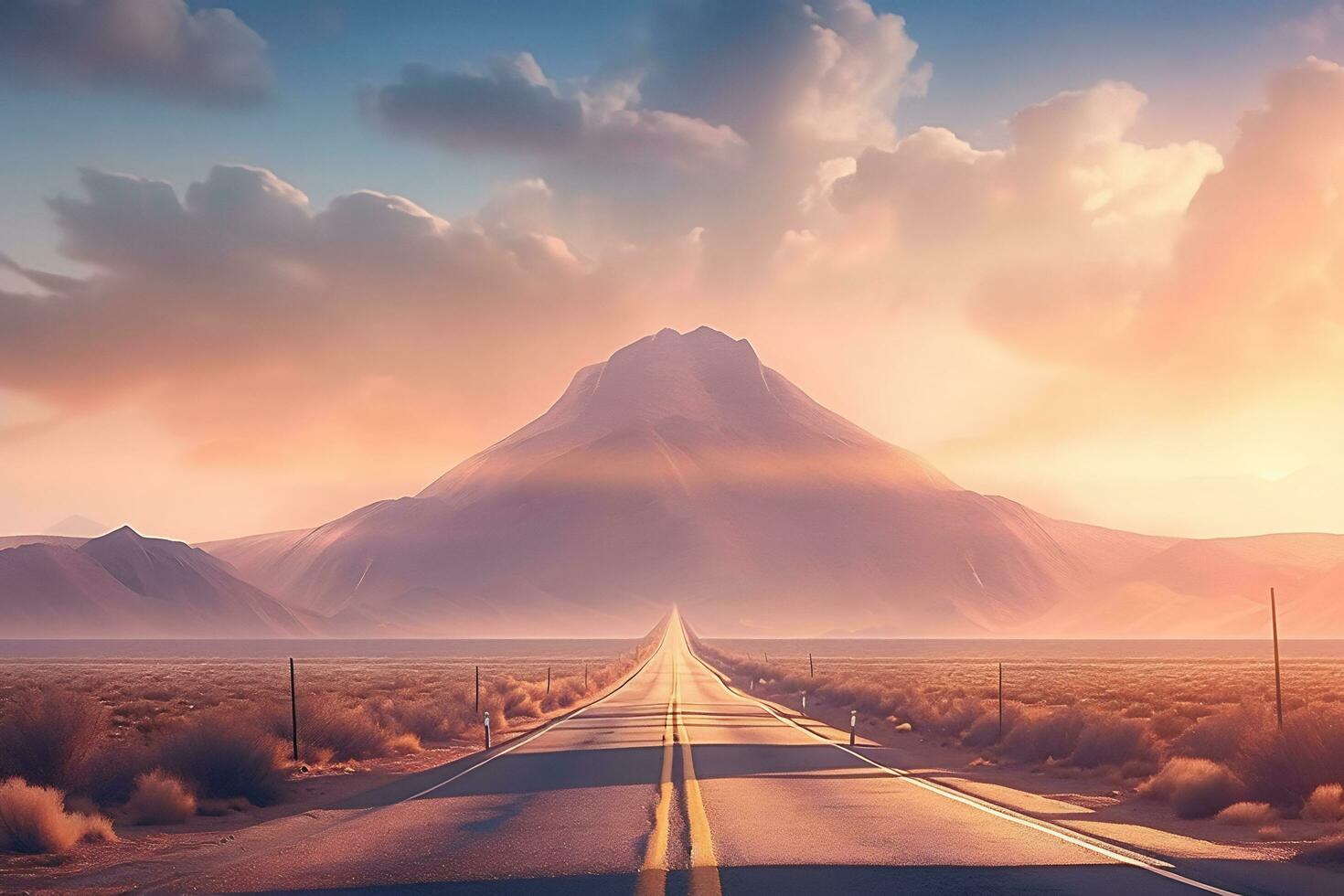 ai generativo Derecho la carretera en el Desierto con montaña fondo foto
