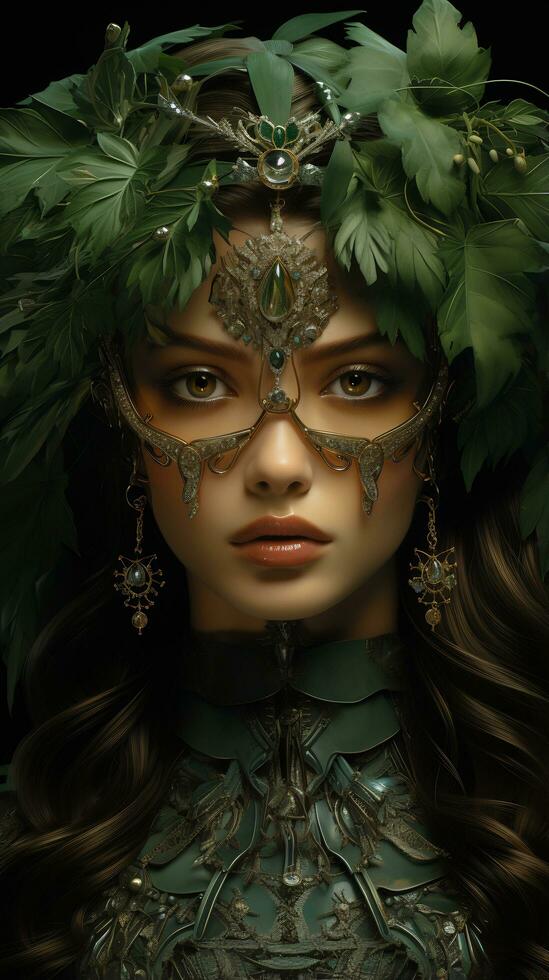 an elegant face and green leaves. AI Generative photo