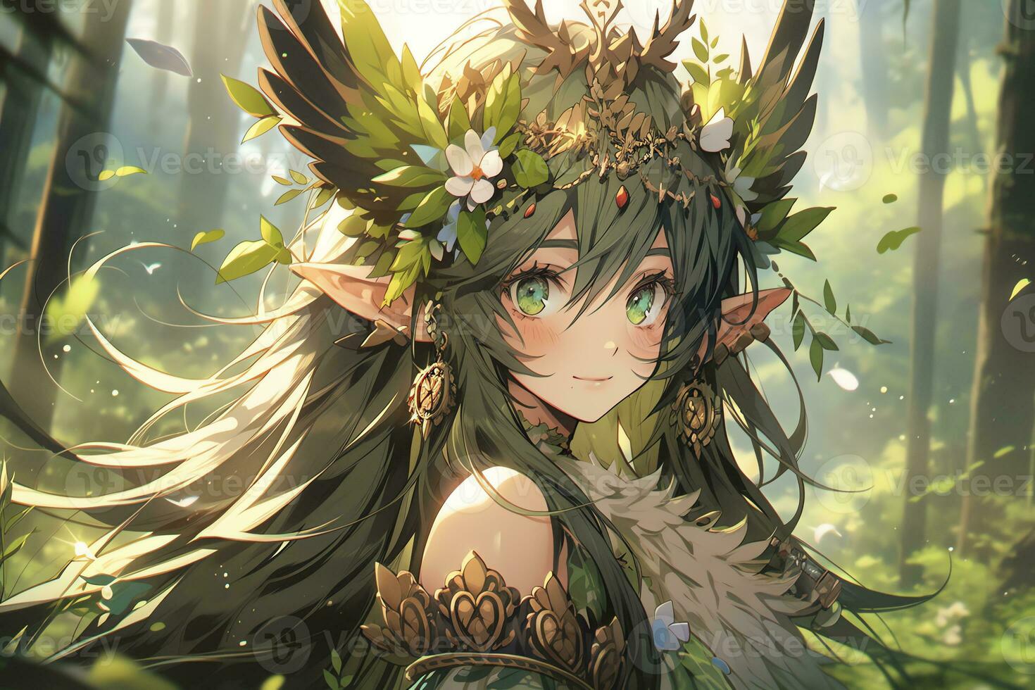 AI Generative forest elf with wing and beautiful eyes in anime style photo