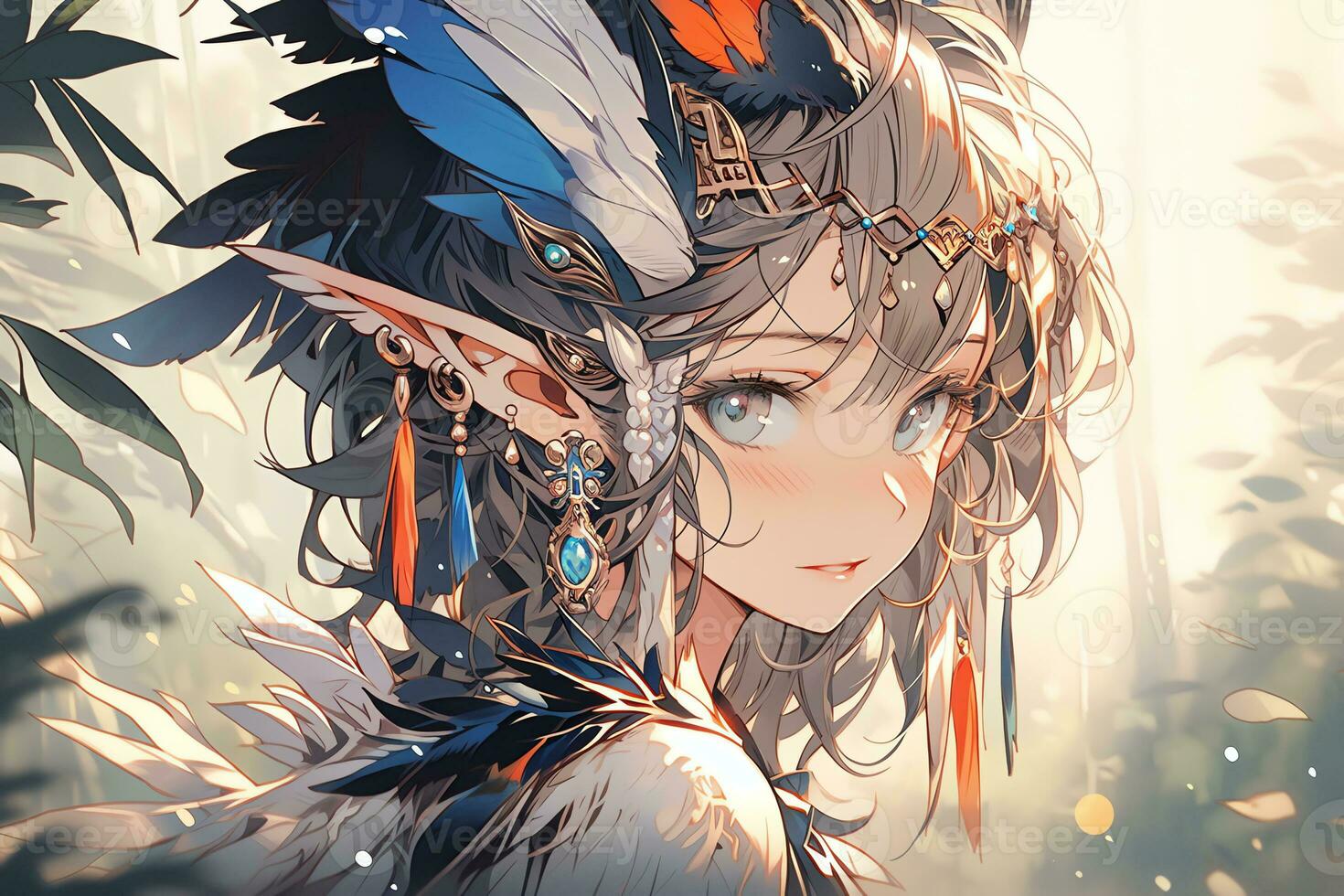 AI Generative forest elf with wing and beautiful eyes in anime style photo