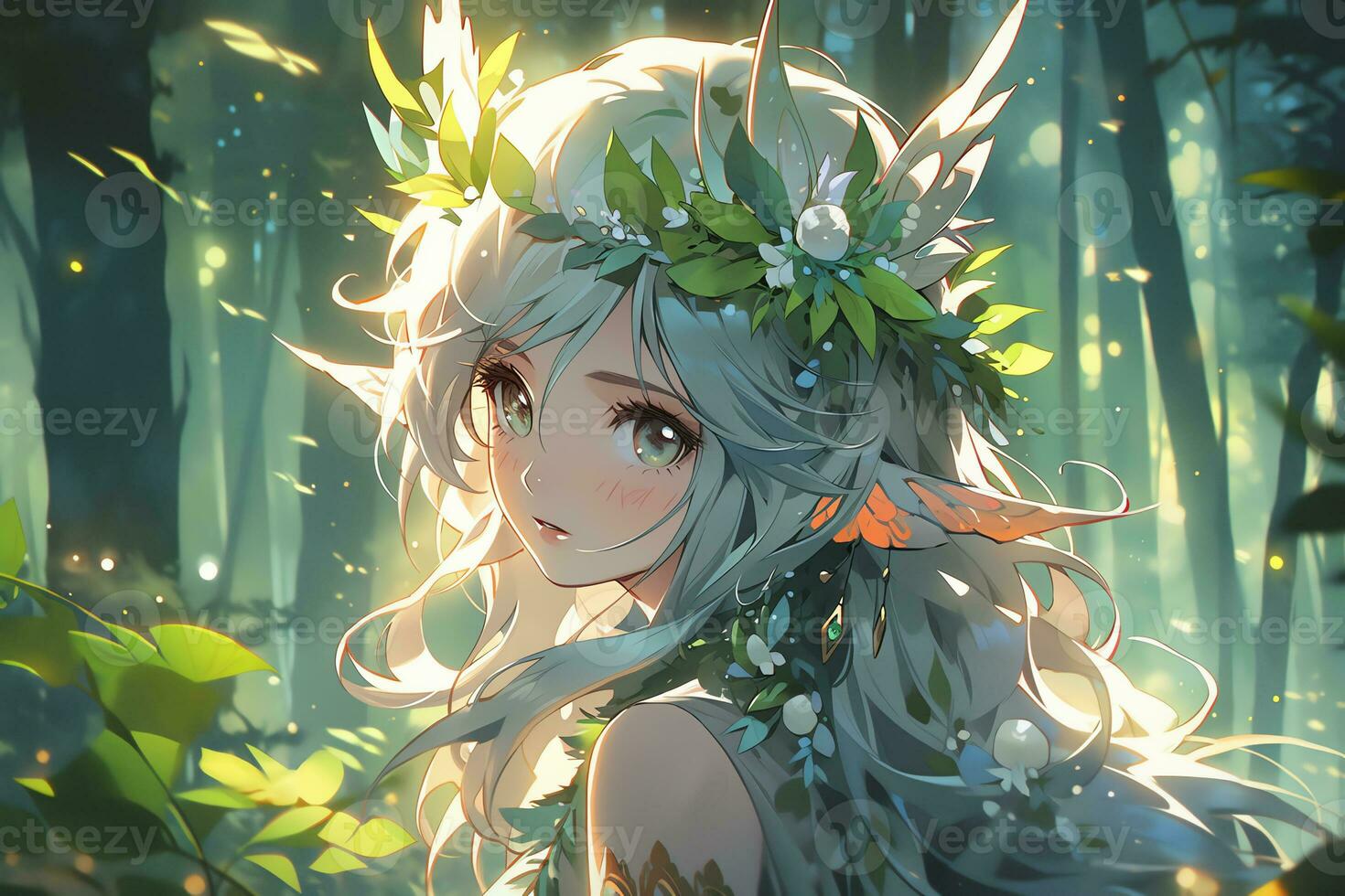 AI Generative forest elf with wing and beautiful eyes in anime style photo