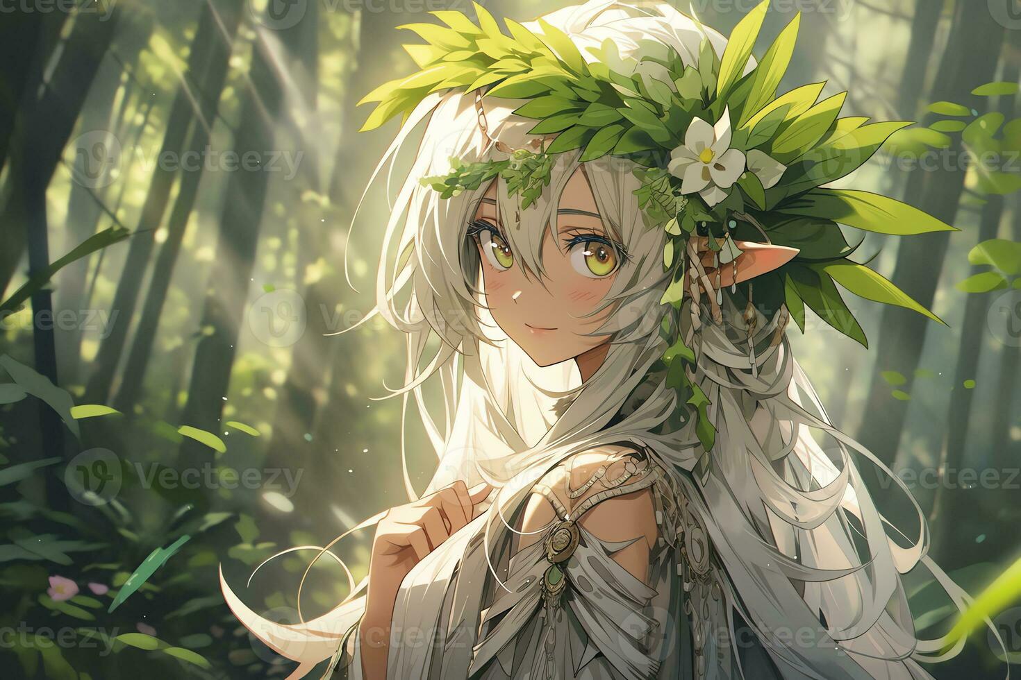 AI Generative forest elf with wing and beautiful eyes in anime style photo