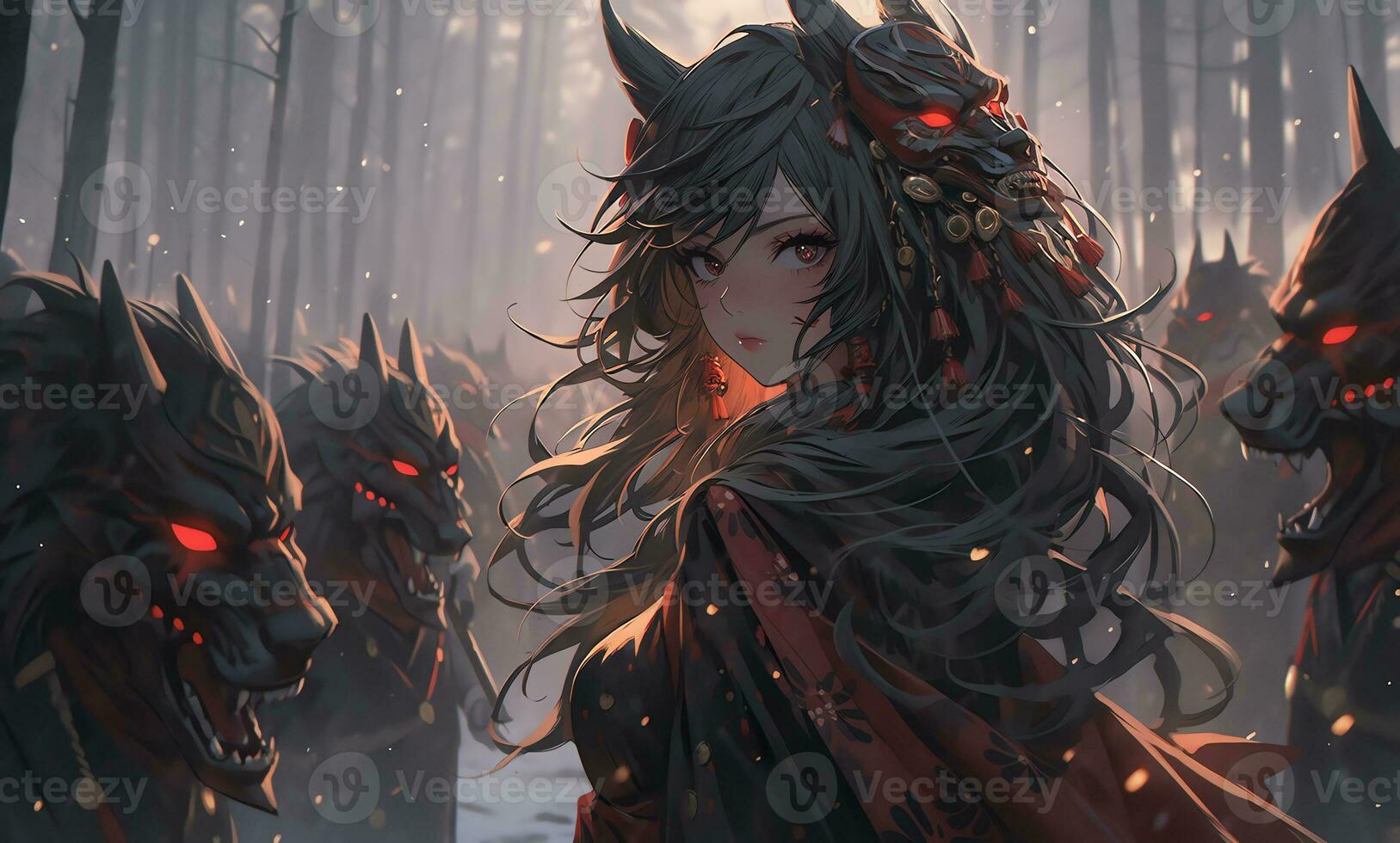AI Generative samurai assassins girl with bright eyes in anime style photo
