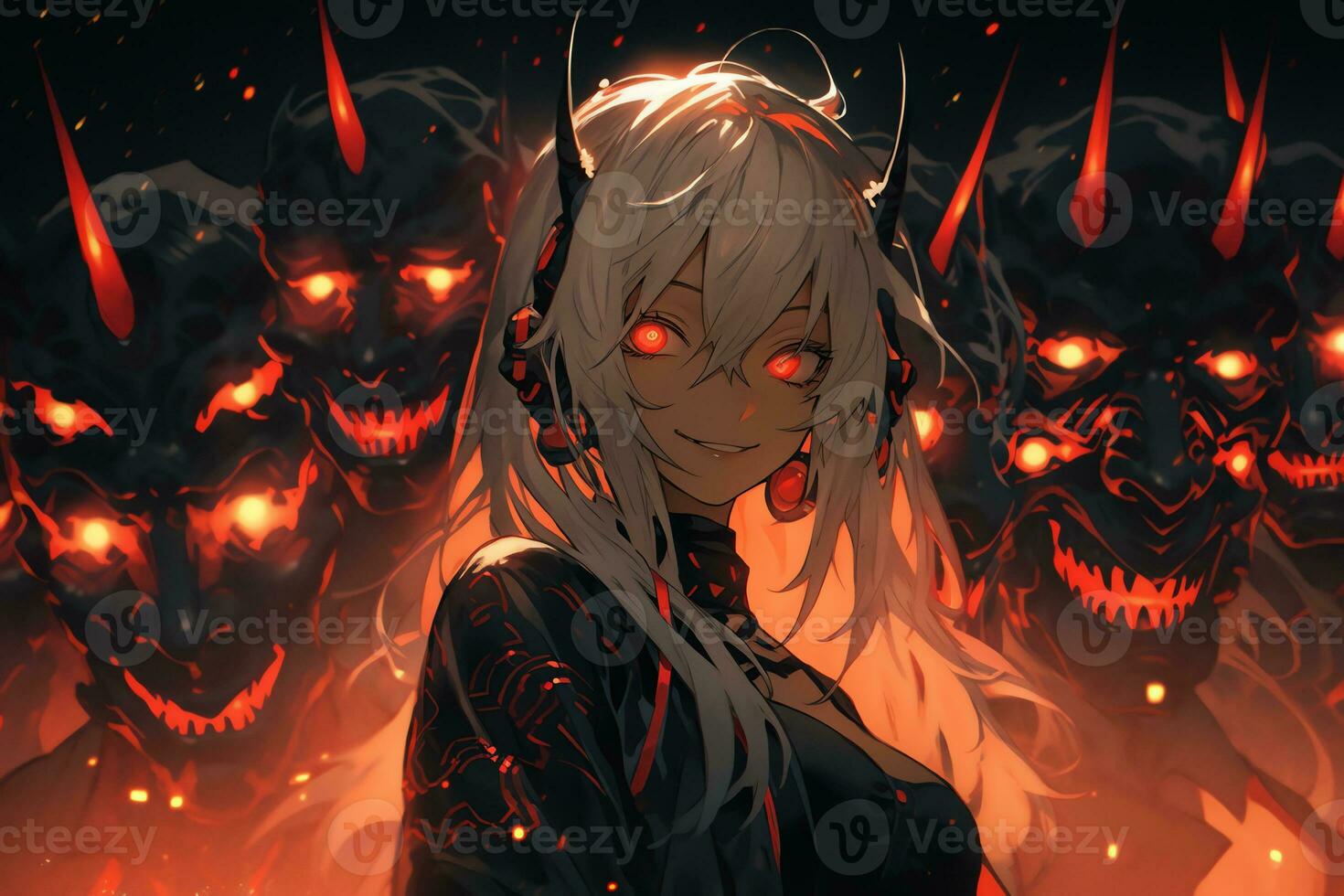 AI Generative Beautiful demon with the eyes lights up in anime style photo