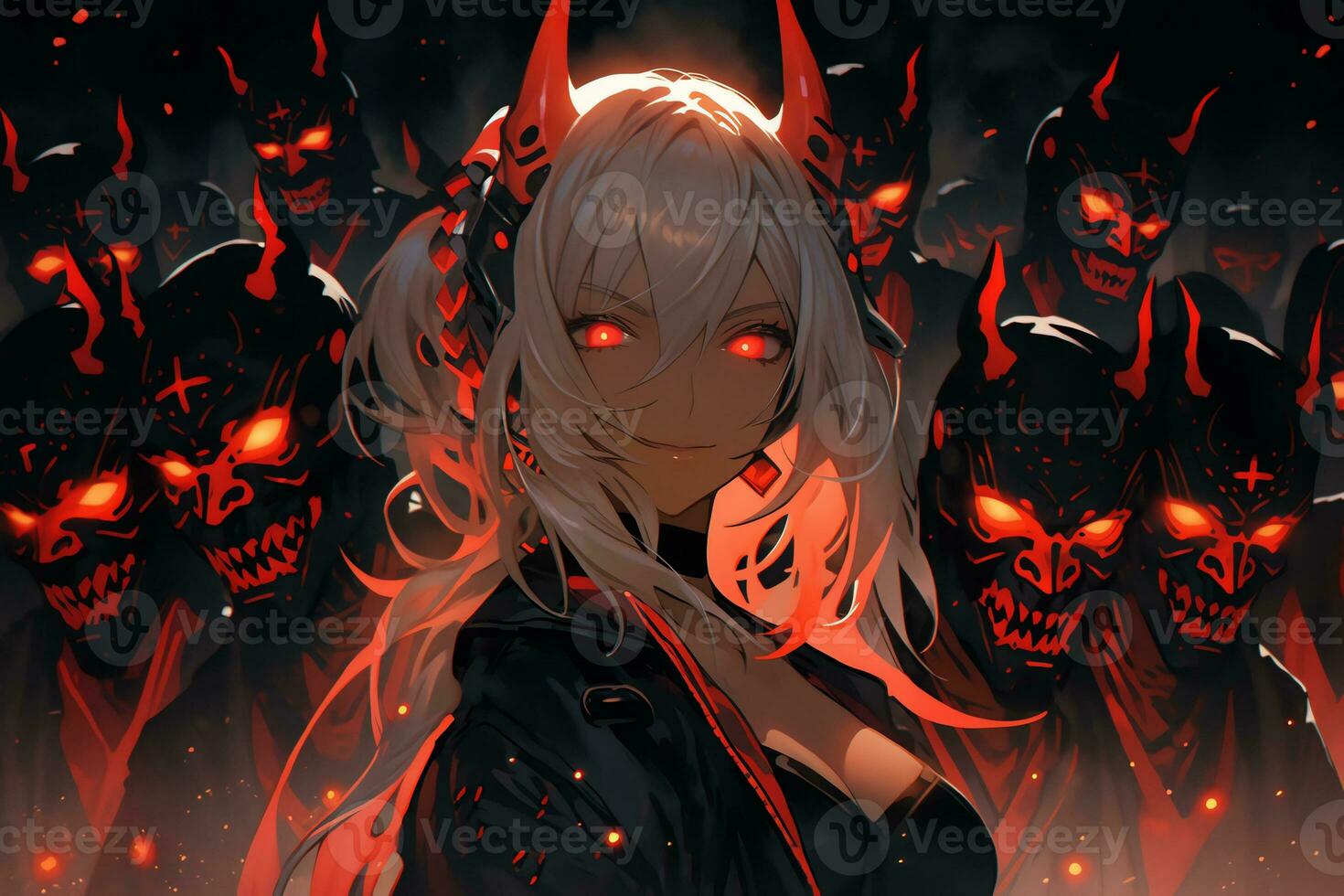 ai generativo hermosa demonio con el ojos luces arriba en anime estilo foto