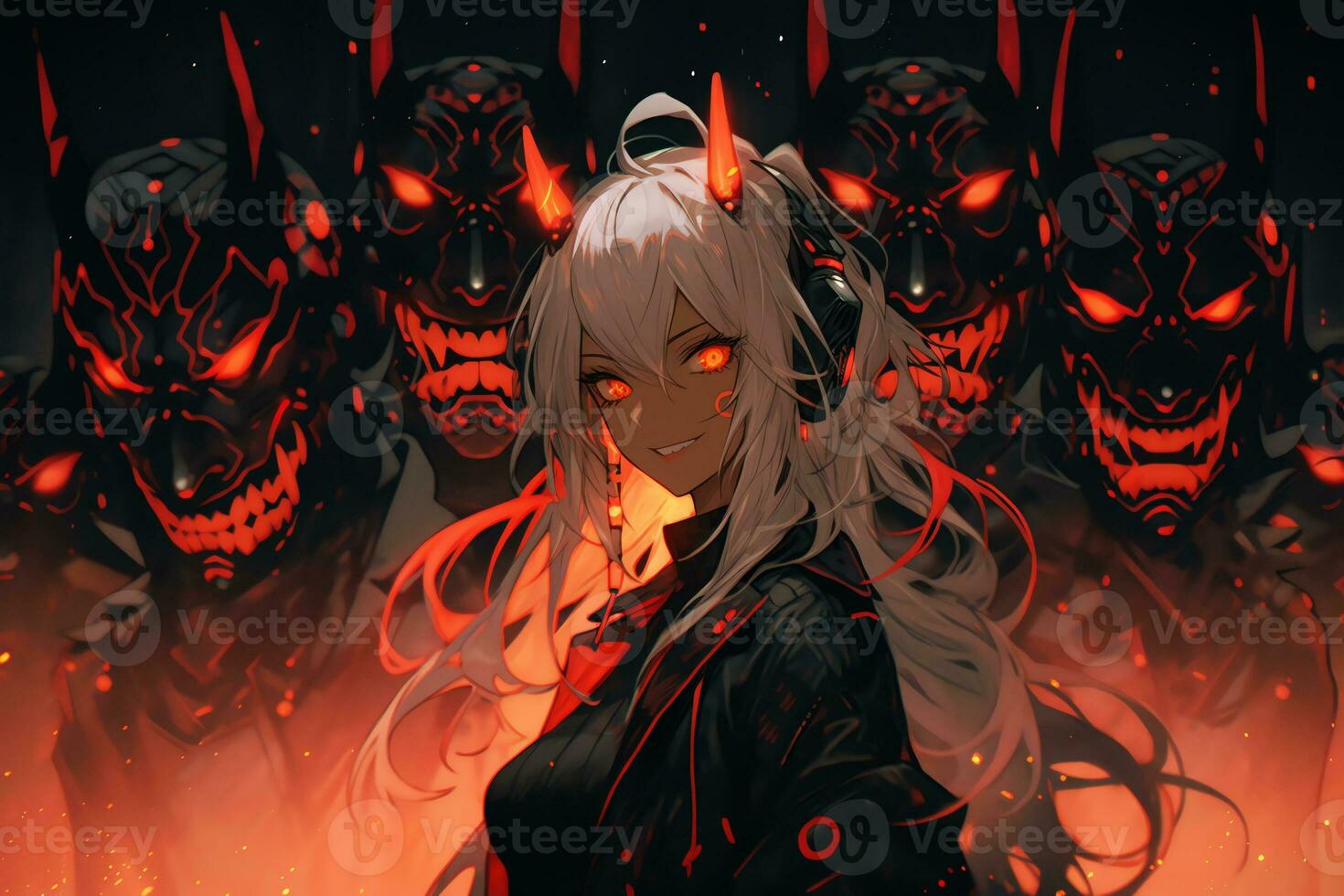 AI Generative Beautiful demon with the eyes lights up in anime style photo