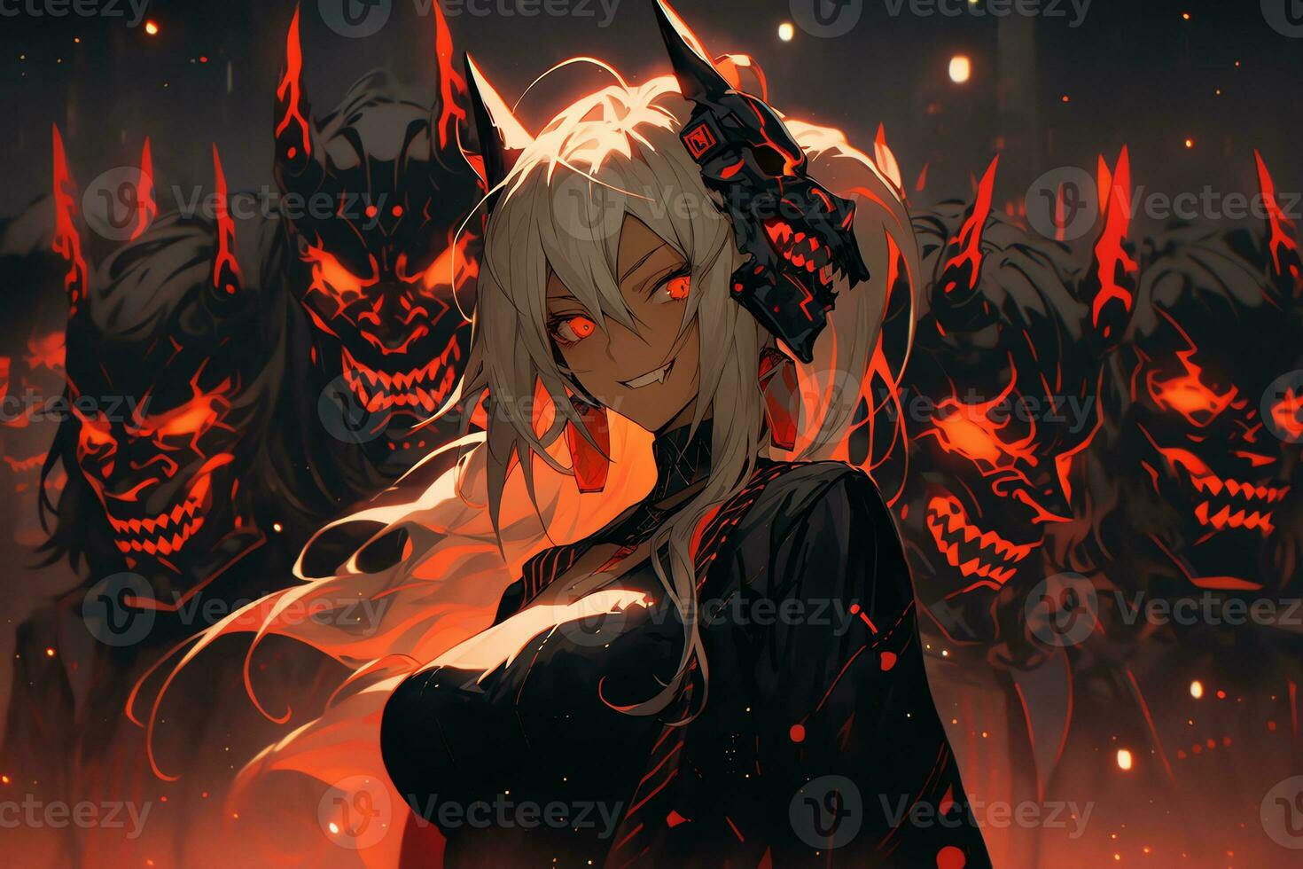 AI Generative Beautiful demon with the eyes lights up in anime style photo