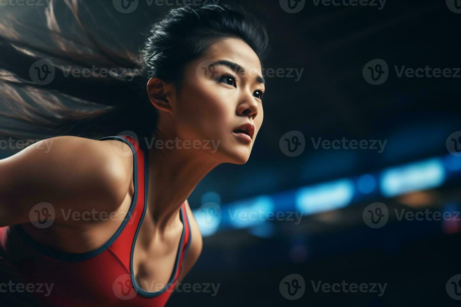 AI Generative determined Asian female athlete in action at a sports arena under vibrant stadium lights photo