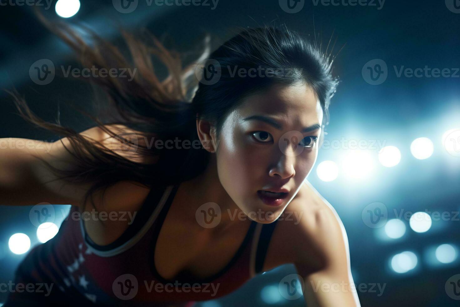 AI Generative determined Asian female athlete in action at a sports arena under vibrant stadium lights photo